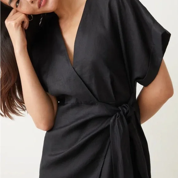 & Other Stories Linen Wrap Mini Dress Black - Picture 8 of 8